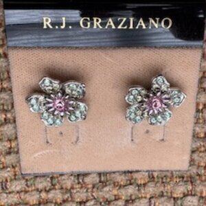 RJ Graziano pierced earrings-Flower shape, pale pink, green & yellow rhinestones